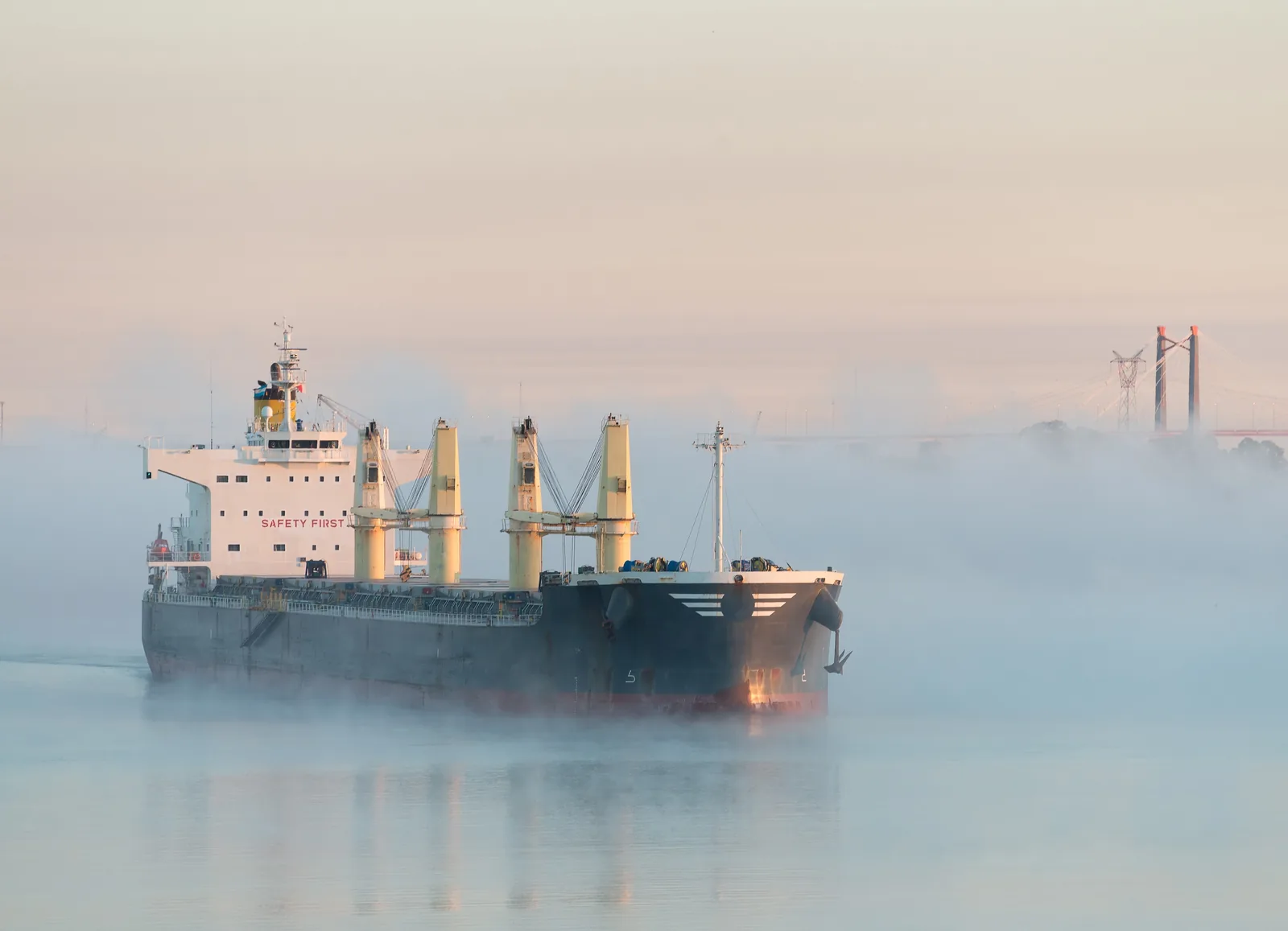 A modern Ultramax dry bulk carrier approaching a working industrial port in soft overcast morning light.