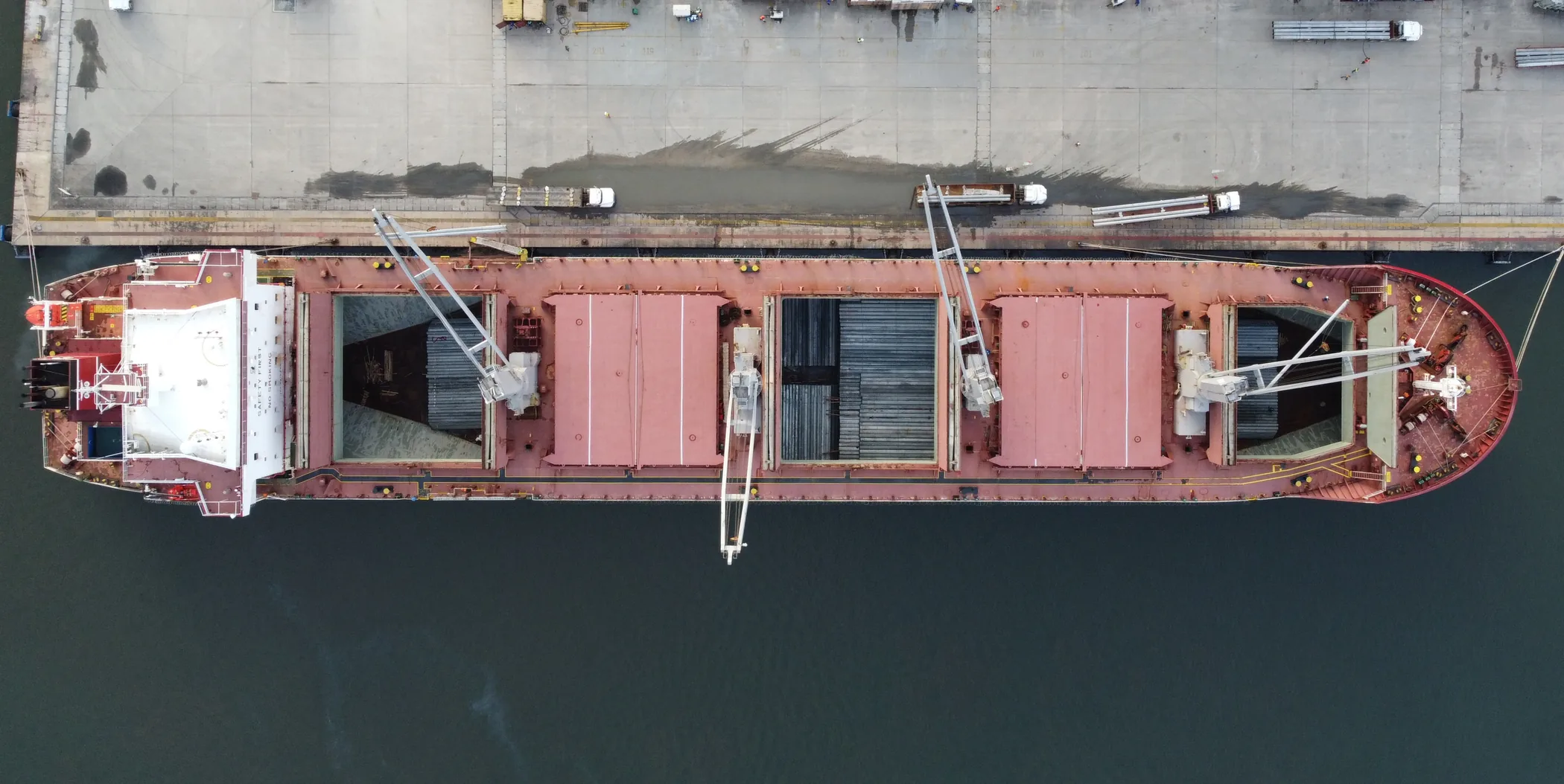 A modern dry bulk vessel alongside a cargo terminal with loading equipment and cargo handling in view.