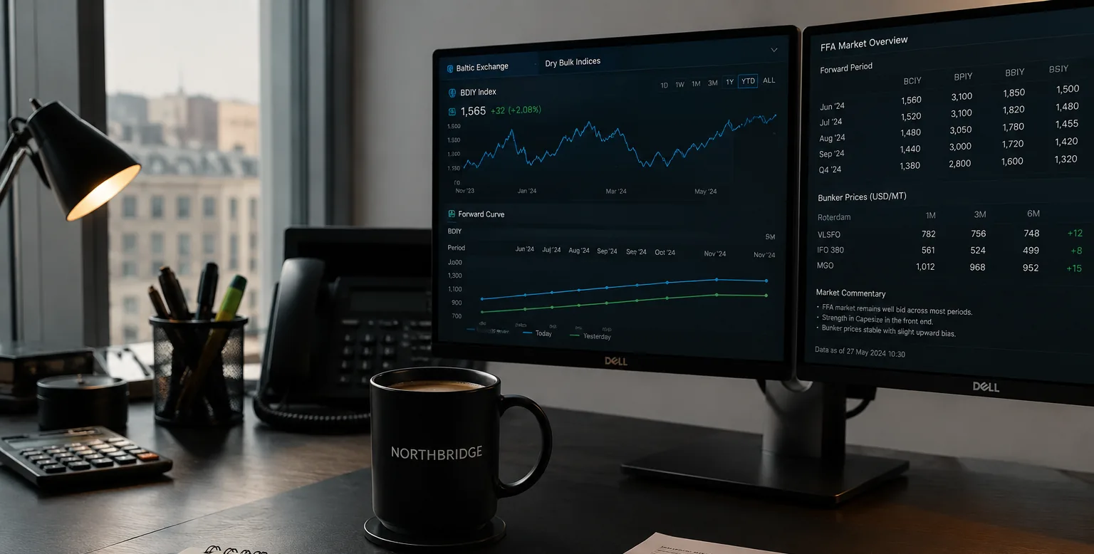 A calm commercial shipping desk with a nautical chart and notebook, a working port visible beyond.