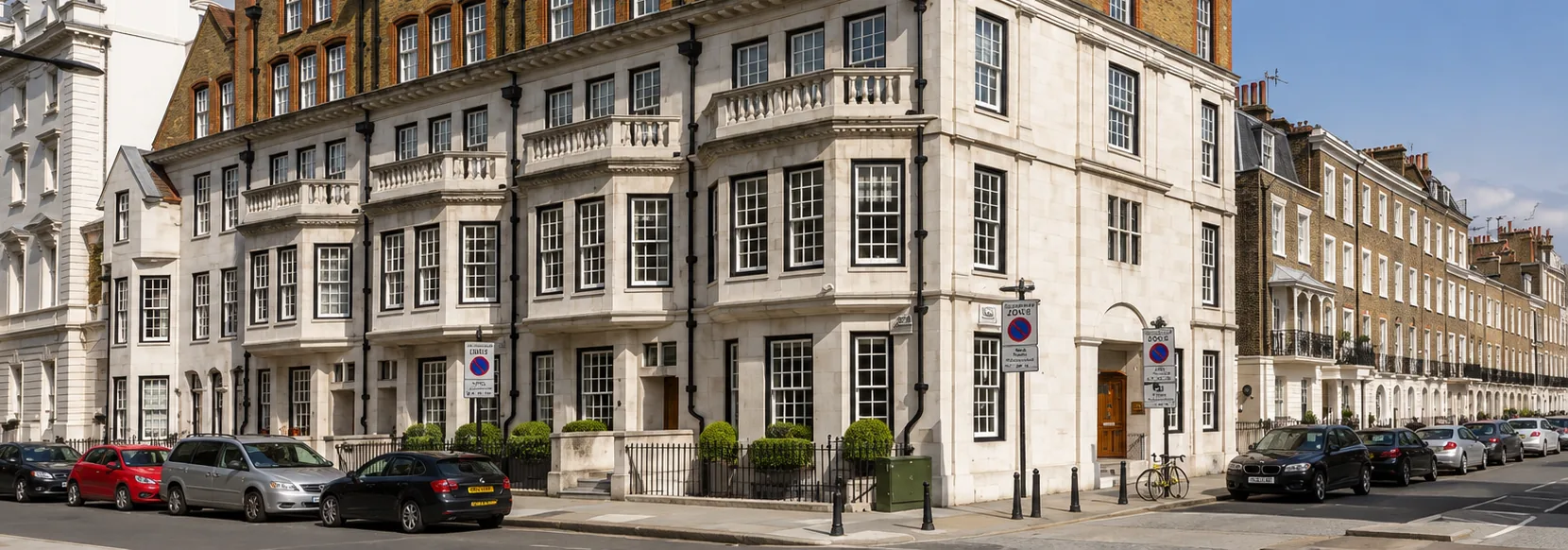 A quiet Belgravia street of refined London townhouses in soft natural daylight.
